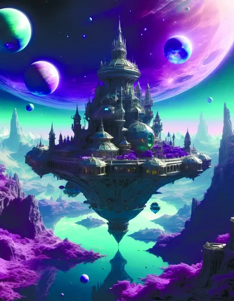 vaporwave holographic mandelbulb fantasy floating Mountain city flying Castle in the fluid nebula DonMC3l3st14l3xpl0r3rsXL <lora:DonMC3l3st14l3xpl0r3rsXL-000007:0.8>