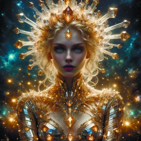 Divine Chaos Engine by Karol Bak,Jean Deville,Gustav Klimt,and Vincent Van Gogh,celestial,visionary,sacred,fractal structures,ornate realistic gilded medieval icon,spirals glowing holy water surrounding various vibrant crystal structures,centered,smooth,ci...