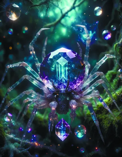 a close up of a spider with a crystal ball in its mouth