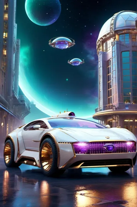 , <lora:DonMC3l3st14l3xpl0r3rsXL:1> DonMC3l3st14l3xpl0r3rsXL,      
use scifi, tech, futuristic,, white and brass science fiction hovering industrial luxury car by a downtown hotel, science fiction, cinematic lighting, night time, volumetric light, imax, d...