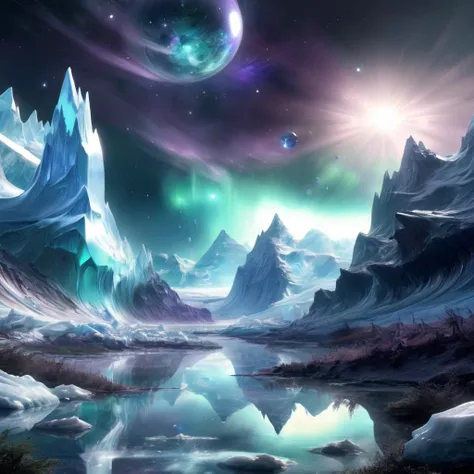 ((best quality)), ((masterpiece)), ((realistic,digital art)), (hyper detailed),DonMC3l3st14l3xpl0r3rsXL  Glaciers Play of Light and Shadow,Swamp,Mountain Cedar,Solar Wind, 8K, HDR,  <lora:DonMC3l3st14l3xpl0r3rsXL-000007:1>