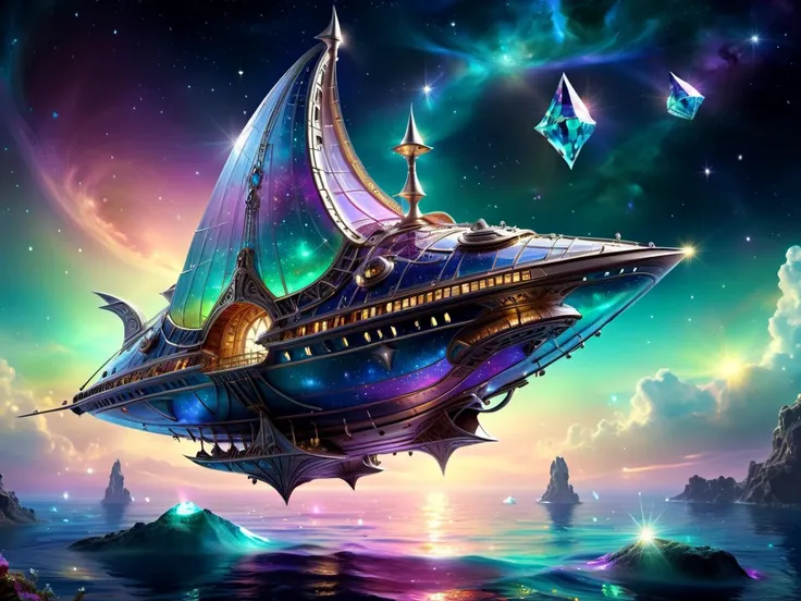 <lora:MagicAI:.6>  FairyTaleAI <lora:DonMC3l3st14l3xpl0r3rsXL:.6> DonMC3l3st14l3xpl0r3rsXL fantasy Shimmering starship sailing on a sea of liquid diamonds   (Highly detailed, amazing, Impressive lighting, vibrant colors, Ultra Realistic, High quality, High...