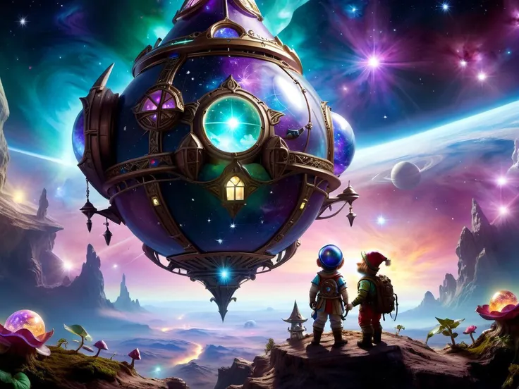 <lora:MagicAI:.6>  FairyTaleAI <lora:DonMC3l3st14l3xpl0r3rsXL:.6> DonMC3l3st14l3xpl0r3rsXL fantasy Celestial Explorers helping a space gnome find his home planet   (Highly detailed, amazing, Impressive lighting, vibrant colors, Ultra Realistic, High qualit...