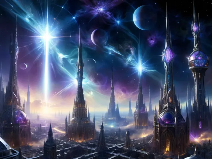 <lora:AetherPunkAI:.6>  AetherPunkAI <lora:DonMC3l3st14l3xpl0r3rsXL:.6> DonMC3l3st14l3xpl0r3rsXL fantasy Spires of an interstellar city emitting beams of pure aether   (Highly detailed, amazing, Impressive lighting, vibrant colors, Ultra Realistic, High qu...