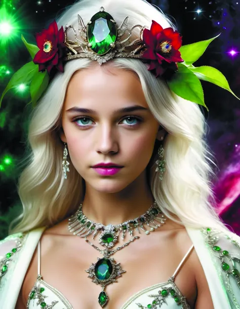 ultra-detailed and realistic portrait RAW photo of cute 18 year old alicia vikander or millie bobby brown as elvish god of death with white skin,white hair,4 tentacles on her back,crown of giantstones,flowing blood red and green flowers,emotionally evoking...