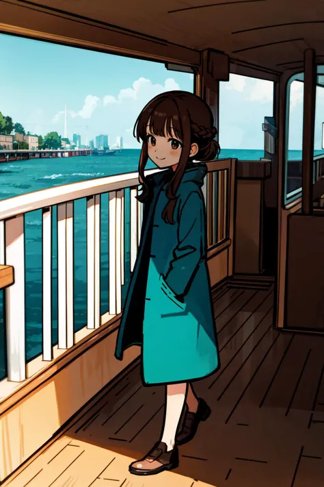 best quality, amazing intricate, cute girl, round eyes, medium breast, 
happy, smile, brown hair, hands in pockets, on a yacht, 
(looking away:1.2), 
long hair, mullet, 
(asymmetrical bangs:1.2), 
(french braid:1.1), 
, 
, 
, 
, 
from front, 
portrait, 
bl...