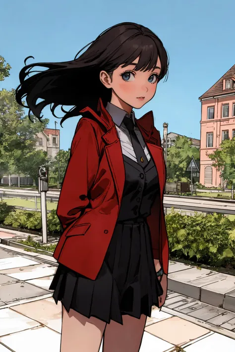 a woman in a red jacket and black skirt standing in front of a building