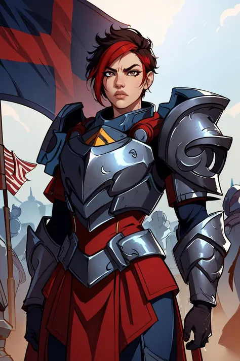 Ash,short multicolored hair,brown eyes,lips,standing,serious expression,upper body,closed fists,shoulder armor,armor,boots,blue and red pelvic curtain,battle ground,blue and red flag in background,morning,(insanely detailed, beautiful detailed face, master...