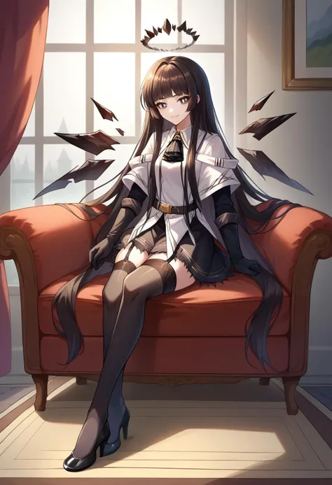 anime girl sitting on a couch with birds flying around her