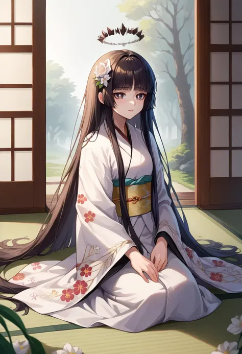 a woman in a kimono sitting on the floor with a flower in her hair