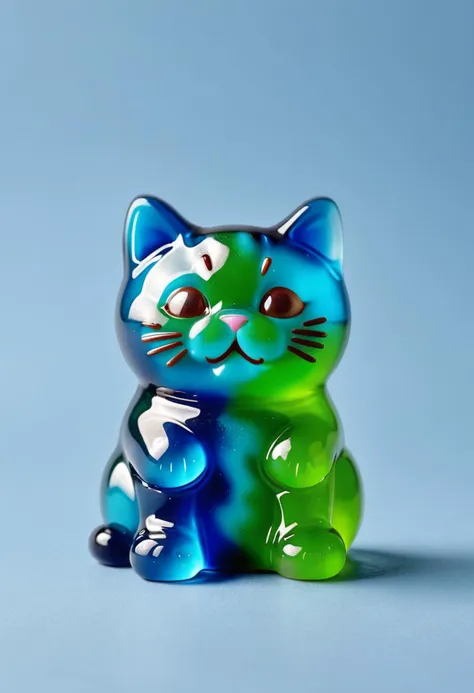 there is a blue and green cat figurine sitting on a table