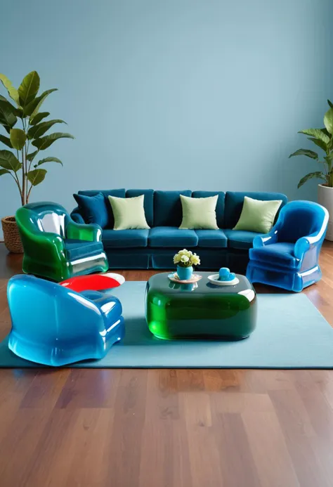 a brightly colored living room with a blue couch and green chairs