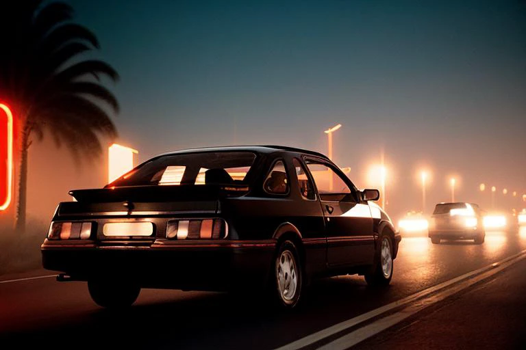 analog gloomy photo of a black Ford Sierra car, <lora:s13rr4:1>, racing down a neon highway at night, outrun, synthwave, retrowave, leaves trace of back red lights, palm trees, High Detail, Sharp focus, ((photorealism)), realistic, best quality, 8k, award ...