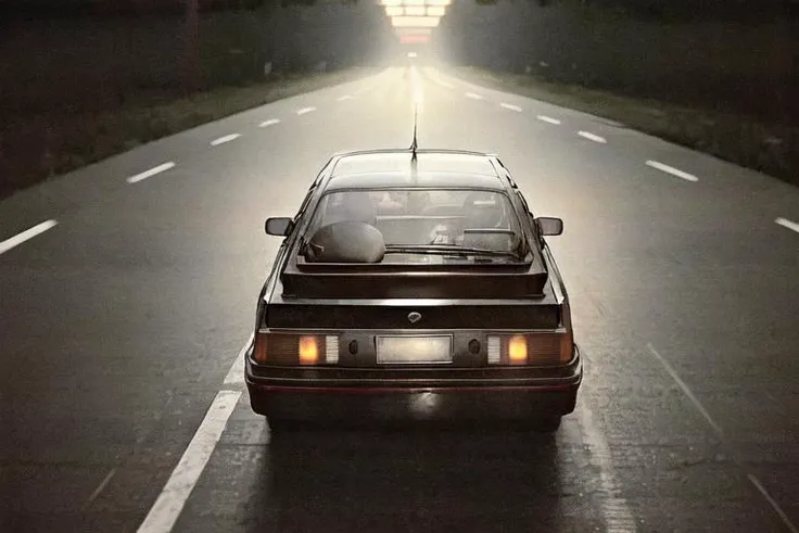 analog gloomy photo of a black Ford Sierra car, <lora:s13rr4:1>, racing down a neon highway at night, outrun, synthwave, retrowave, leaves trace of back red lights, palm trees, High Detail, Sharp focus, ((photorealism)), realistic, best quality, 8k, award ...