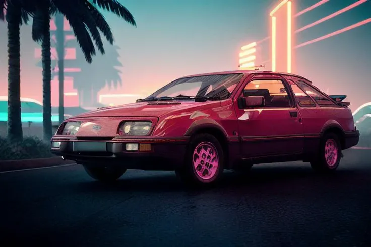 analog gloomy photo of a red Ford Sierra car, <lora:s13rr4:1>, racing down a neon highway at night, outrun, synthwave, retrowave, purple sky, pink and cyan lights, palm trees, flamingos, (cyberpunk), High Detail, Sharp focus, ((photorealism)), realistic, b...