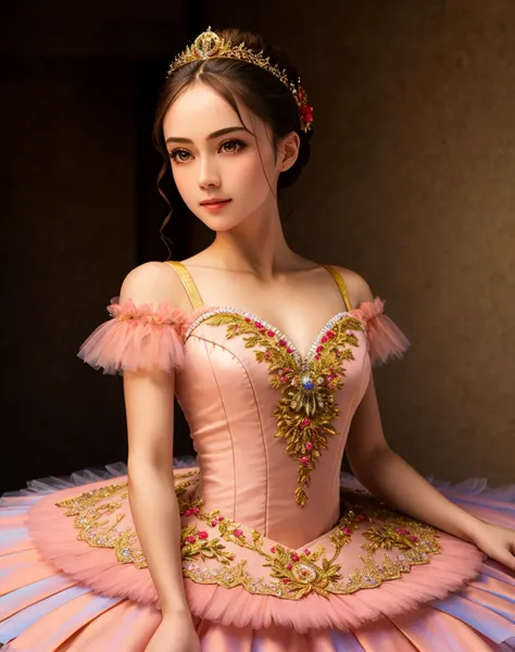 Masterpiece, absurdres,HDR ,highly detailed eyes and face, Primaballerina_tutu, short tutu,  a woman in a ballgown is posing for a picture ,wearing a Primaballerina_tutu, wearing a ballgown, cowboy shot<lora:ballgownBallerina:0.7>