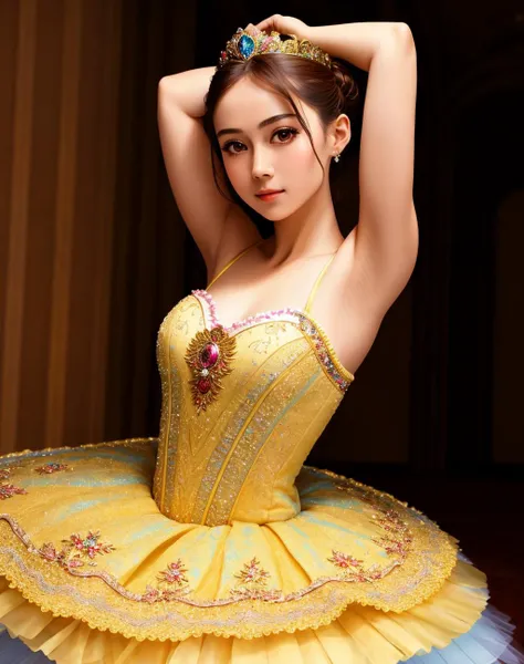 Masterpiece, absurdres,HDR ,highly detailed eyes and face, Primaballerina_tutu, short tutu,  a woman in a ballgown is posing for a picture ,wearing a Primaballerina_tutu, wearing a ballgown, cowboy shot<lora:ballgownBallerina:0.7>