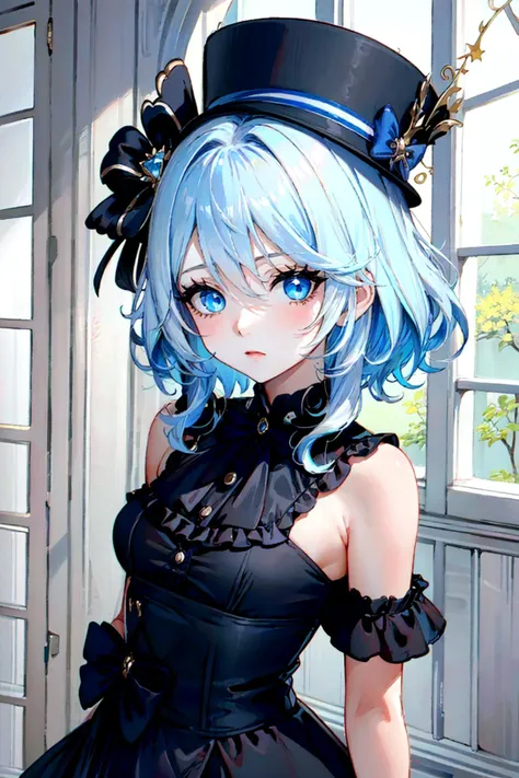 anime girl with blue hair wearing a black top hat and black dress