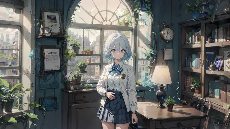 <lora:furina:1>,1girl,solo,looking at audience,blushing,short hair,blue eyes,long sleeves,hair between eyes,standing,school uniform,blue hair,white shirt,white hair,pleated skirt,collared shirt,indoor,miniskirt,bow tie,slit jacket,blue skirt,(striped hair:...