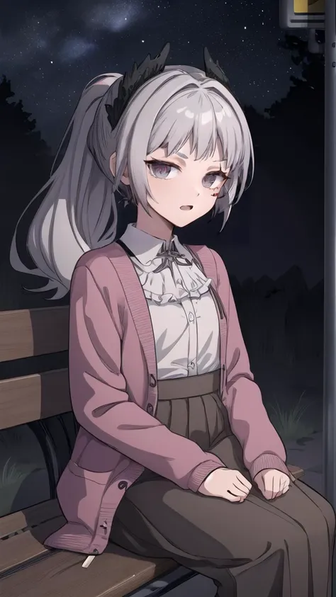 (8k uhd, masterpiece, best quality, high quality, absurdres, ultra-detailed), 1girl,
ponytail, silver hair, red iris, circular iris, grey eyes, looking at viewer, ;3, smug, looking at viewer, open mouth,
(purple cardigan,), collared shirt,
(bus stop,bush,f...