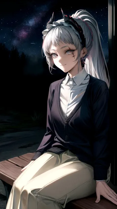 (8k uhd, masterpiece, best quality, high quality, absurdres, ultra-detailed), 1girl,
ponytail, silver hair, red iris, circular iris, grey eyes, smiling at viewer, ((closed mouth,)),
((cardigan)),
(bus stop,forest background, dark atmosphere, stars, starry ...