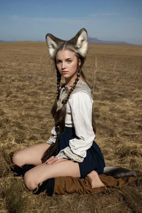 cinematic film still, young woman, peasant costume, ((sitting)), gray cornrows, wolf ears, wolf tail, wolf legs, skimpy