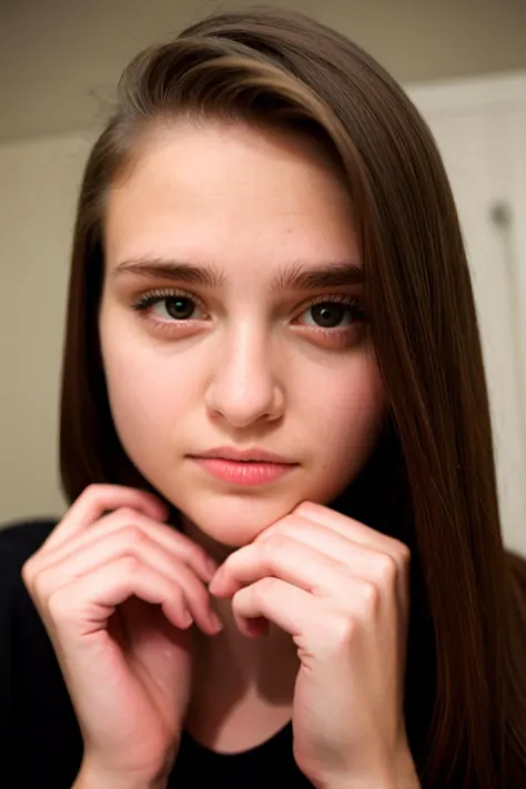 a close up of a young woman with long hair and a black shirt