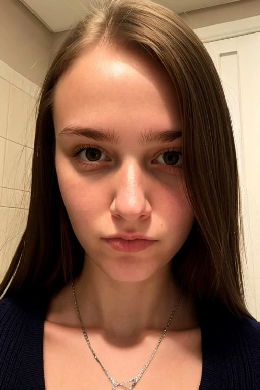 a close up of a woman with long hair wearing a necklace