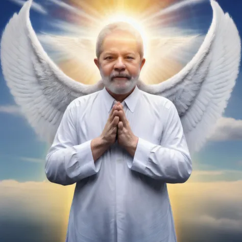 a man with white hair and a beard is praying with angel wings