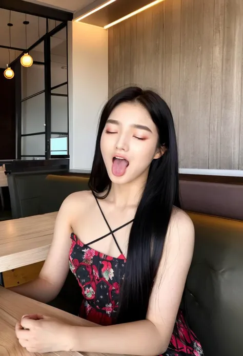 best quality and best aesthetic, facing viewer <lyco:squirting_female ejaculation-PornMasterV2:0.65>,Photos of a beautiful 18-year-old Korean kpop idol,portrait,orgasm,comfortable expression and eyes closed,open mouth,tongue,wearing a dress,black hair,long...