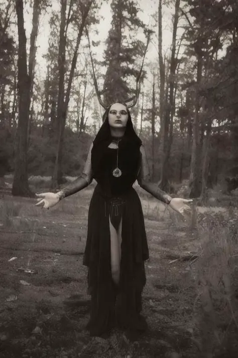 a woman in a black dress standing in a forest with her arms outstretched