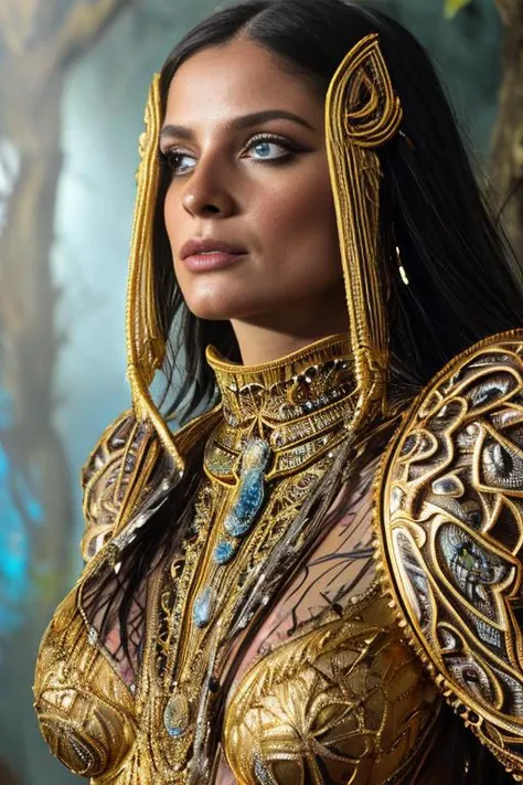 a woman in gold armor and jewels stands in front of a forest