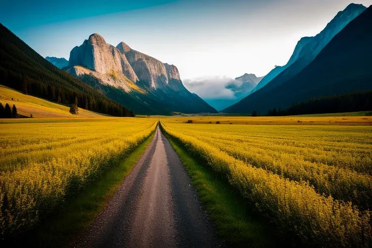 a long road in a field with mountains in the background