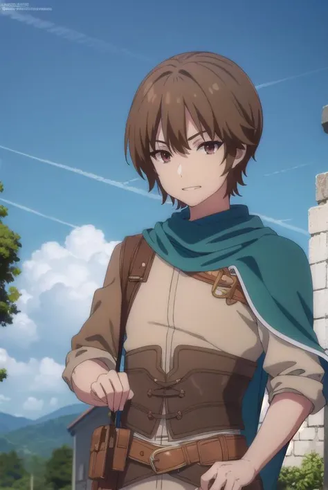 keyaru, <lora:keyaru s1-lora-nochekaiser:1>,
keyaru, short hair, (brown eyes:1.5), brown hair, male focus, smile, grin,
BREAK cape, armor,
BREAK outdoors, forest, nature, grass, trees, sun, sky, clouds,
BREAK looking at viewer, (cowboy shot:1.5),
BREAK <ly...