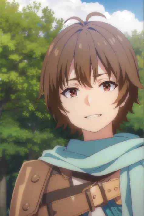 keyaru, <lora:keyaru s1-lora-nochekaiser:1>,
keyaru, short hair, (brown eyes:1.5), brown hair, male focus, smile, grin,
BREAK cape, armor,
BREAK outdoors, forest, nature, grass, trees, sun, sky, clouds,
BREAK looking at viewer, (cowboy shot:1.5),
BREAK <ly...