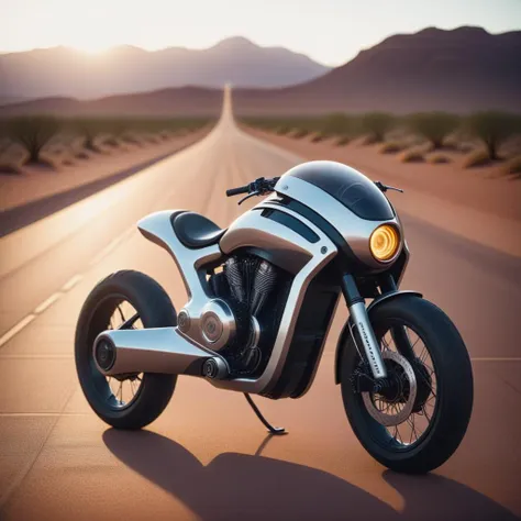 a close up of a motorcycle parked on a road near a desert