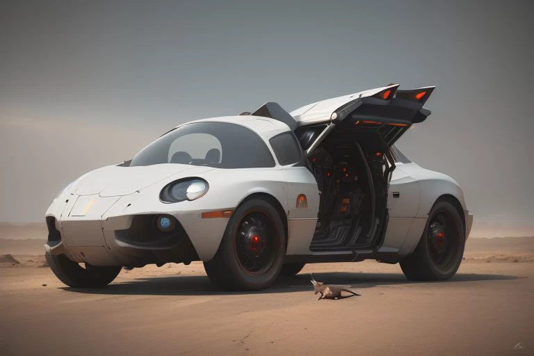 a close up of a white car with its doors open in the desert