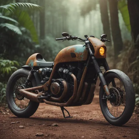 a close up of a motorcycle parked on a dirt road in the woods