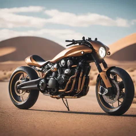 a close up of a motorcycle parked in the middle of a desert