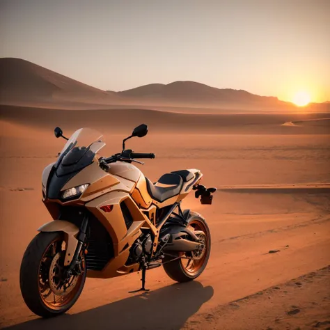 arafed motorcycle parked in the desert at sunset with mountains in the background