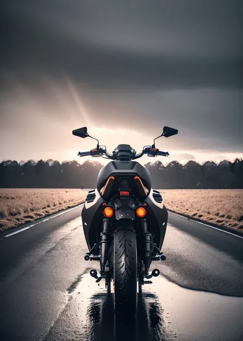 a close up of a motorcycle parked on a wet road