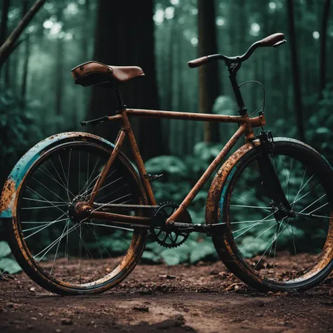 a close up of a rusty bicycle parked in a forest