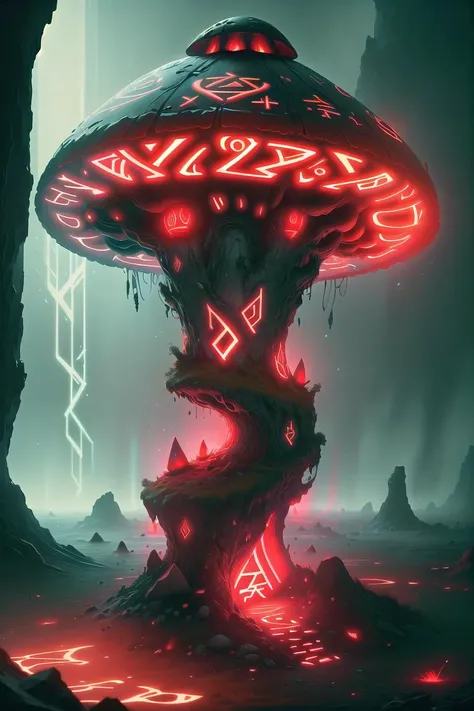 An award-winning digital image of a GlowingRunes_red giant mushroom, colorful, (masterwork:1.2), (dynamic lighting:1.1), intricate details, hd, 8k<lora:morph_GlowingRunesAIv4-000005:0.936>