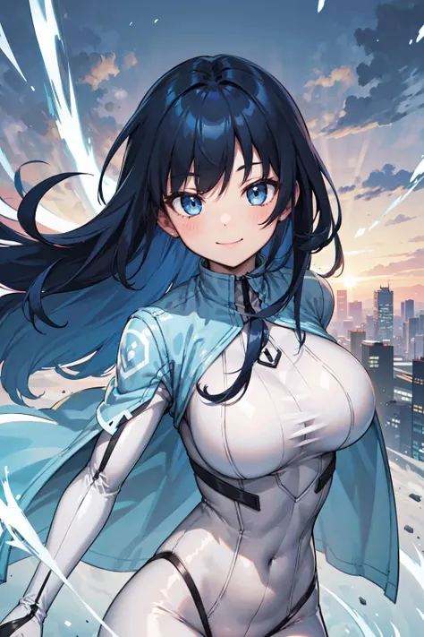 masterpiece, best quality, ultra-detailed, extremely detailed,illustration, 1girl, solo, AeroMarvel, long hair, blue eyes, large breasts, thighs, black hair, blue hair, white bodysuit, flying, smile, wind, energy aura, blue sky, day, sunlight, upper body, ...