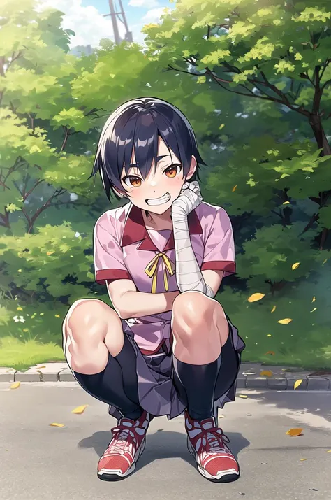 (masterpiece,best quality, detailed), outdoors, day, 1girl, solo, squatting, grin,
kanbaru suruga, school uniform, bike shorts, shorts under skirt, pleated skirt, pink shirt, neck ribbon, sneakers,
short hair, bandaged arm