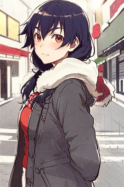 1girl, (masterpiece), (best quality), (detailed),(sketch:1.2), monogatari (series), kanbaru suruga, long hair, twintails,  winter clothes, winter coat,  fur trim, scarf, valentine, looking at viewer, dynamic angle, dramatic lighting,  street,  <lora:kanbar...