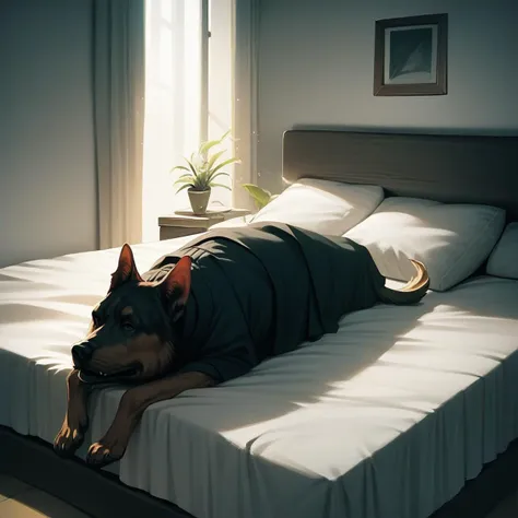 there is a dog laying on a bed with a blanket