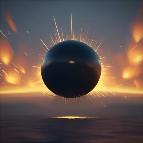 a black sphere floating in the air over a body of water