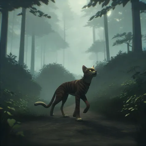 there is a cat walking down a path in the woods