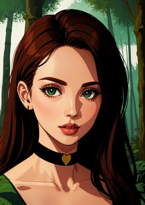 illustration, woman, choker,closeup, forest background